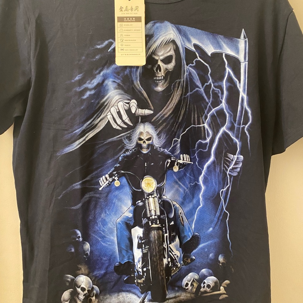 Men's Dark Blue Graphic Tee with Grim Reaper Design